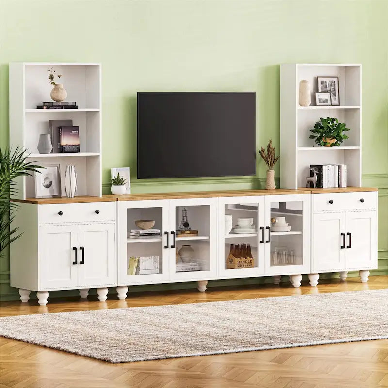 Meuble TV avec étagères et portes en verre trempé, Centre de divertissement