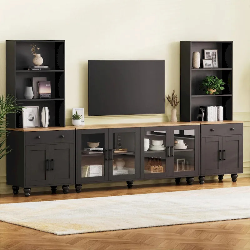 Meuble TV avec étagères et portes en verre trempé, Centre de divertissement