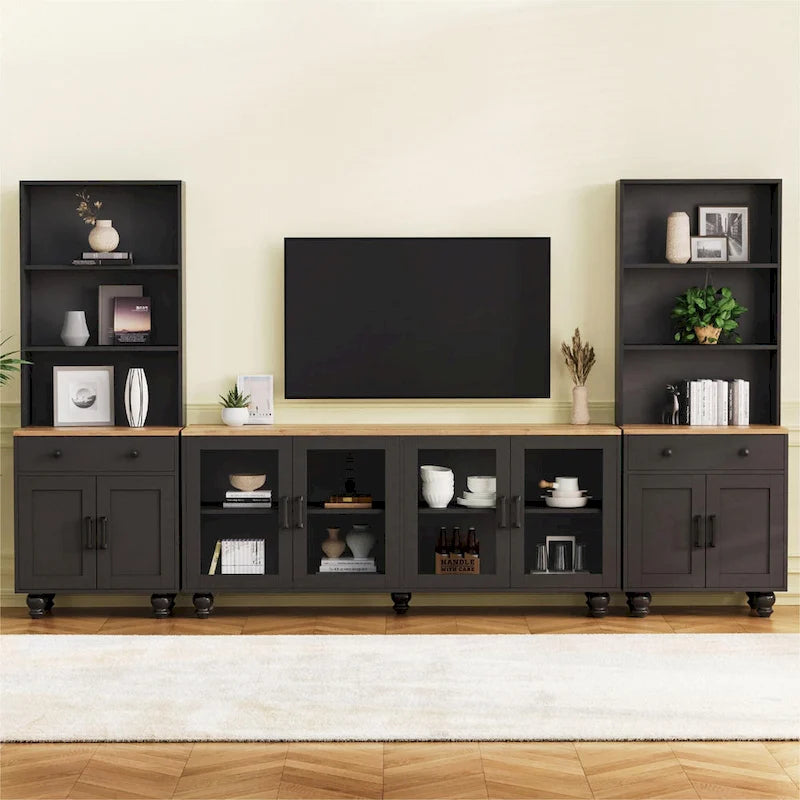 Meuble TV avec étagères et portes en verre trempé, Centre de divertissement