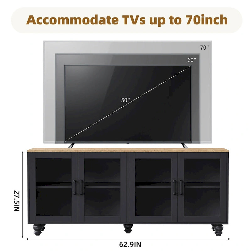 Meuble TV avec étagères et portes en verre trempé, Centre de divertissement