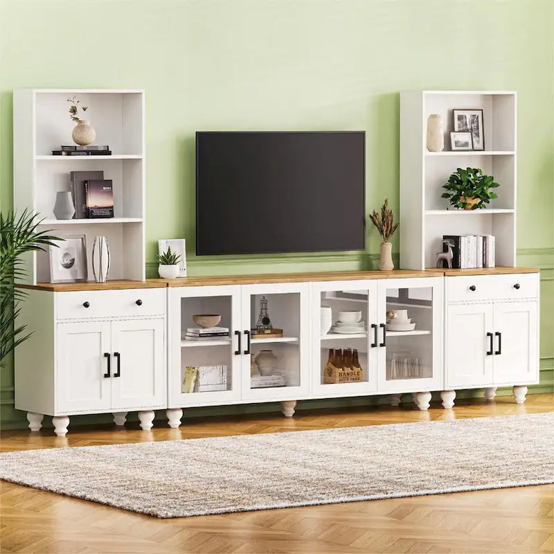 Meuble TV avec étagères et portes en verre trempé, Centre de divertissement