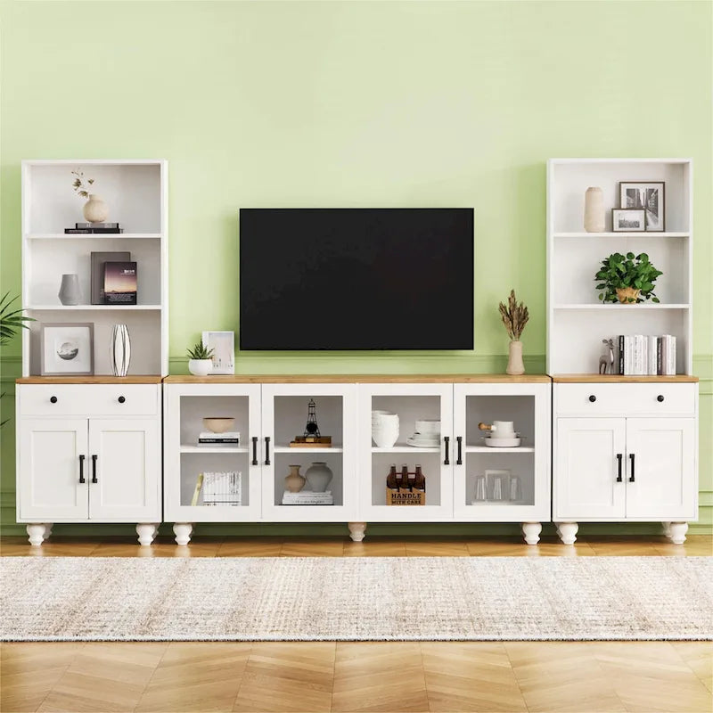 Meuble TV avec étagères et portes en verre trempé, Centre de divertissement