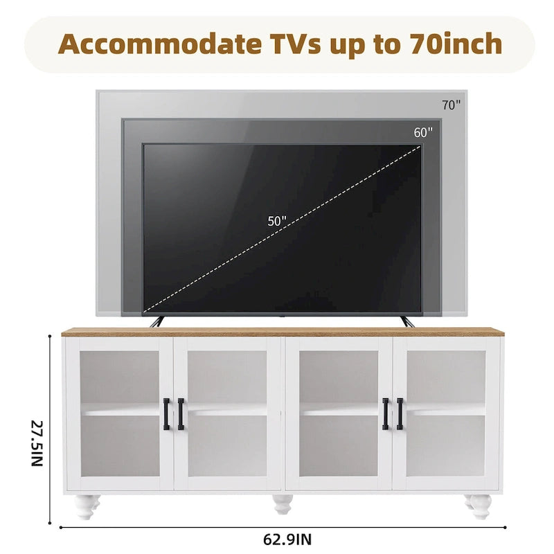 Meuble TV avec étagères et portes en verre trempé, Centre de divertissement