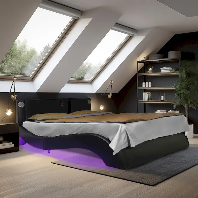 Lit plateforme queen size en similicuir rembourré avec éclairage LED
