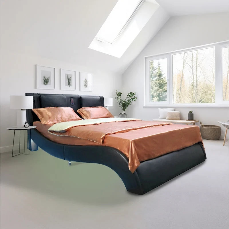 Lit plateforme queen size en similicuir rembourré avec éclairage LED