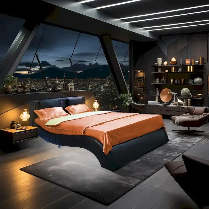 Lit plateforme queen size en similicuir rembourré avec éclairage LED