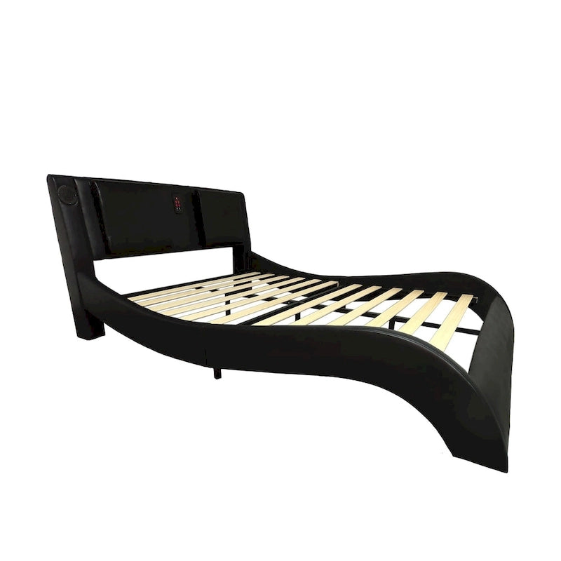 Lit plateforme queen size en similicuir rembourré avec éclairage LED