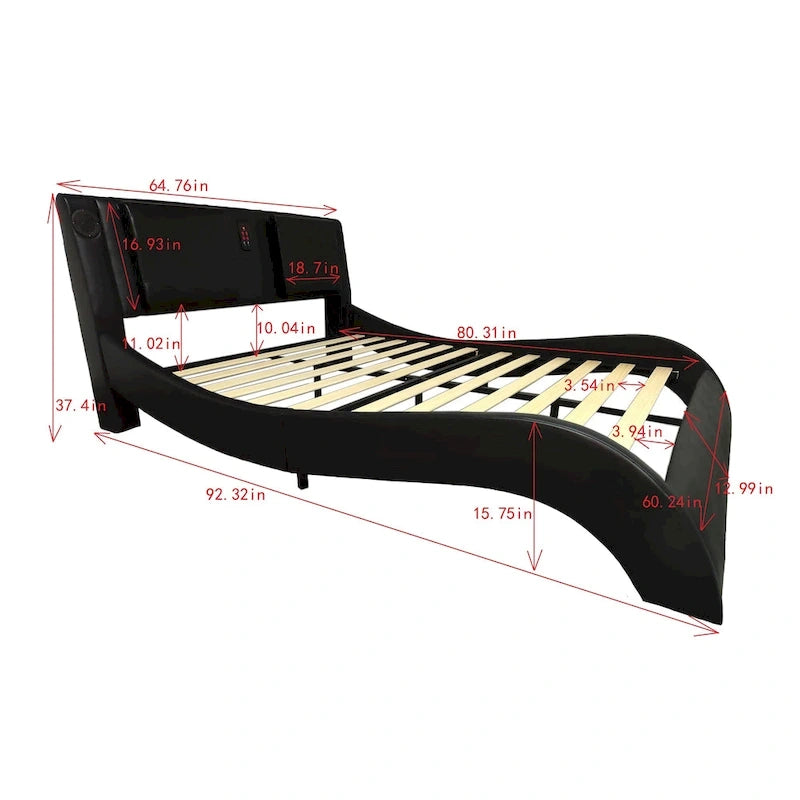 Lit plateforme queen size en similicuir rembourré avec éclairage LED