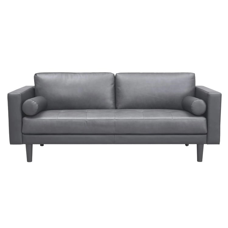 Canapé moderne en cuir véritable avec pieds en bois et coussin traversin supplémentaire