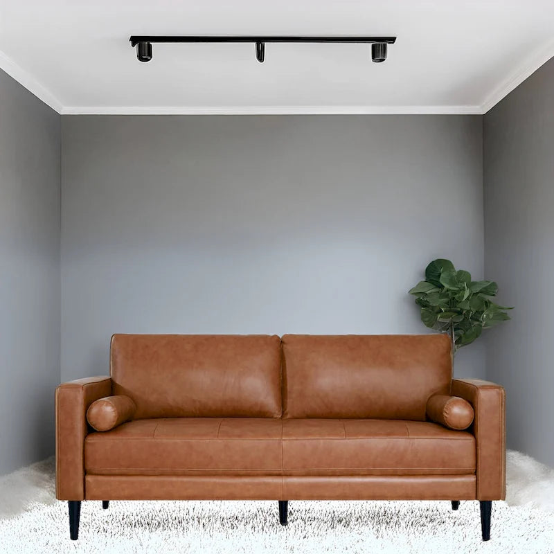 Canapé moderne en cuir véritable avec pieds en bois et coussin traversin supplémentaire