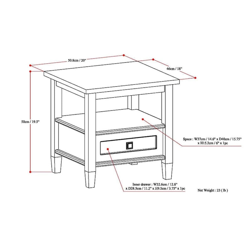 Table d'appoint rectangulaire de 20 pouces de largeur en bois massif, style transitionnel