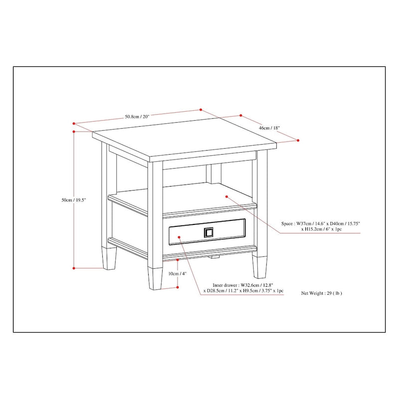 Table d'appoint rectangulaire de 20 pouces de largeur en bois massif, style transitionnel