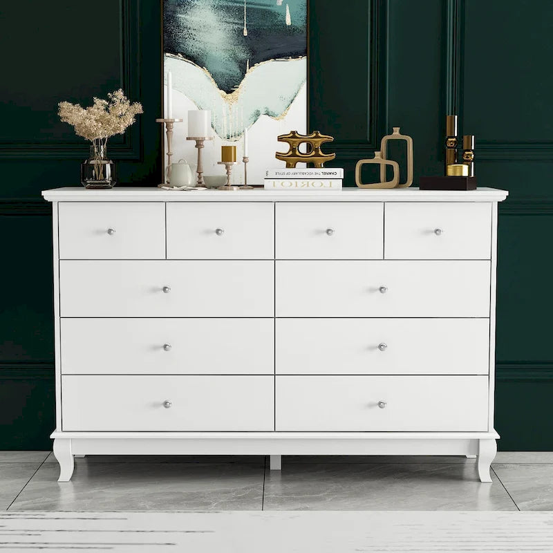 Commode de chambre à 10 tiroirs double, blanche, à rangement large