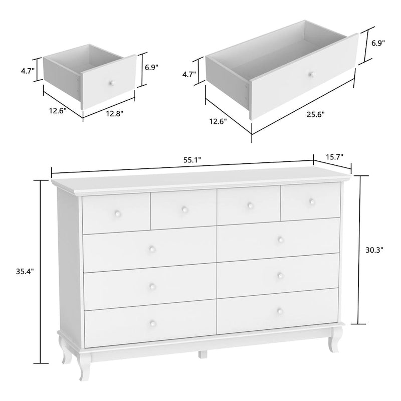 Commode de chambre à 10 tiroirs double, blanche, à rangement large