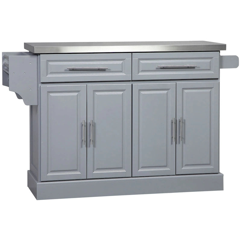 Îlot de cuisine roulant avec rangement, chariot de cuisine portable avec dessus en acier inoxydable, gris