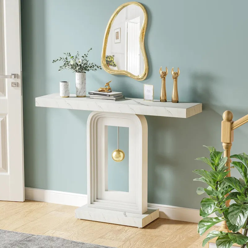 Console moderne avec piètement géométrique, table de canapé étroite de 100 cm