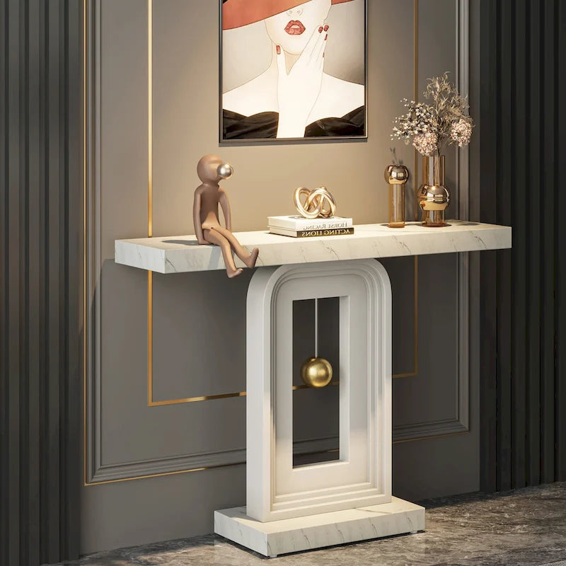 Console moderne avec piètement géométrique, table de canapé étroite de 100 cm