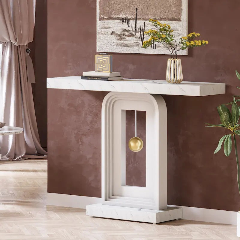 Console moderne avec piètement géométrique, table de canapé étroite de 100 cm