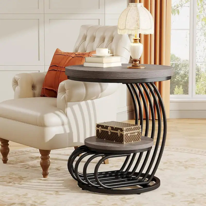 Table d'appoint ronde à 2 niveaux pour salon ou chambre à coucher