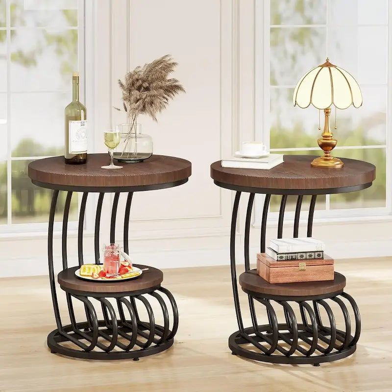 Table d'appoint ronde à 2 niveaux pour salon ou chambre à coucher