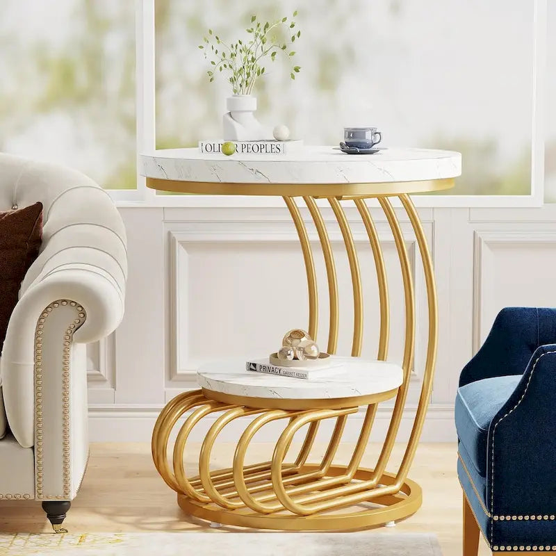 Table d'appoint ronde à 2 niveaux pour salon ou chambre à coucher