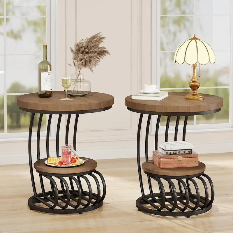 Table d'appoint ronde à 2 niveaux pour salon ou chambre à coucher