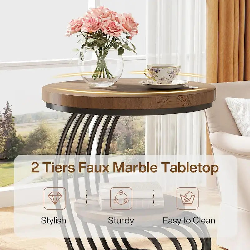 Table d'appoint ronde à 2 niveaux pour salon ou chambre à coucher