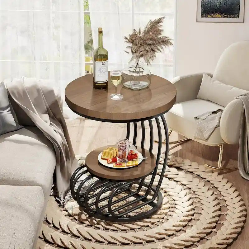 Table d'appoint ronde à 2 niveaux pour salon ou chambre à coucher