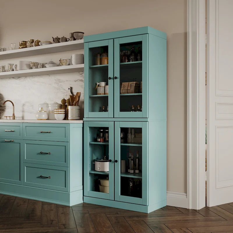 Meuble de garde-manger en bois massif avec portes givrées, vitrées transparentes ou pleines