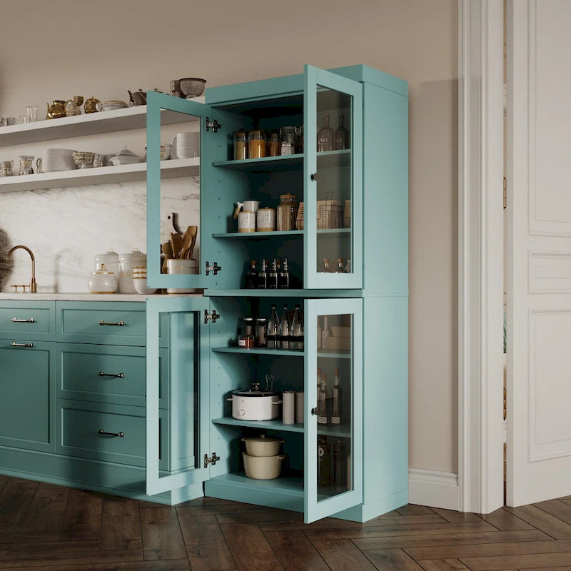 Meuble de garde-manger en bois massif avec portes givrées, vitrées transparentes ou pleines
