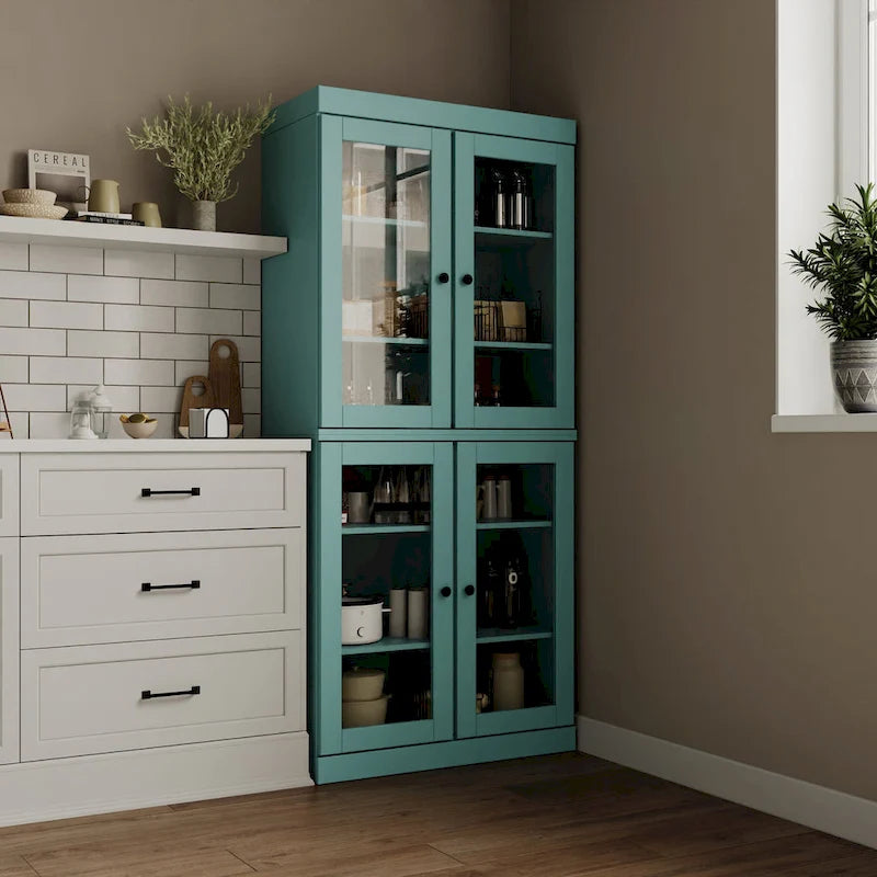 Meuble de garde-manger en bois massif avec portes givrées, vitrées transparentes ou pleines