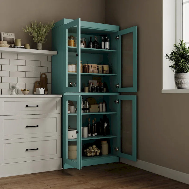 Meuble de garde-manger en bois massif avec portes givrées, vitrées transparentes ou pleines