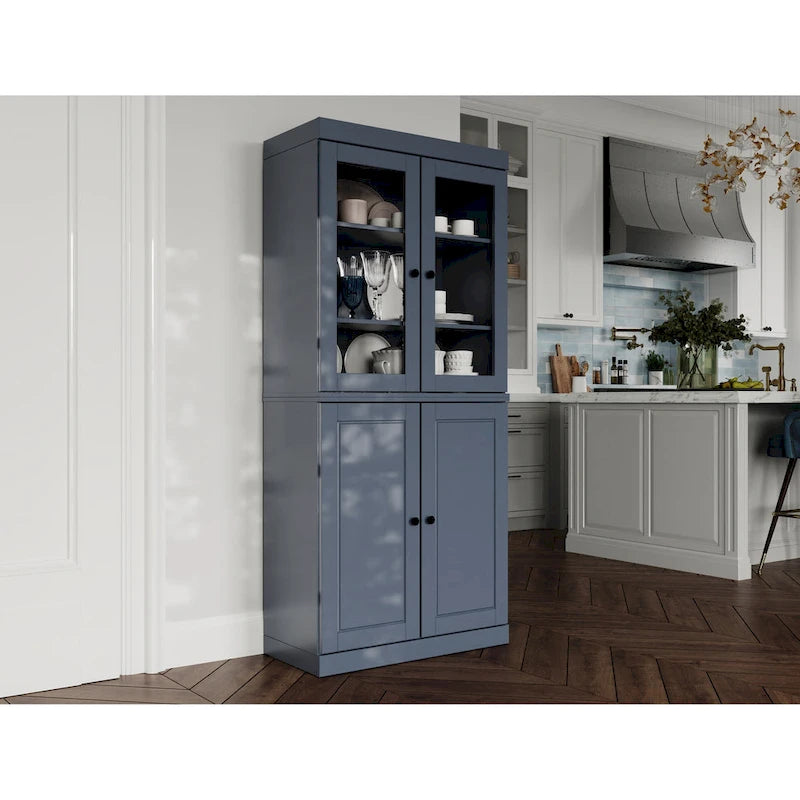 Meuble de garde-manger en bois massif avec portes givrées, vitrées transparentes ou pleines