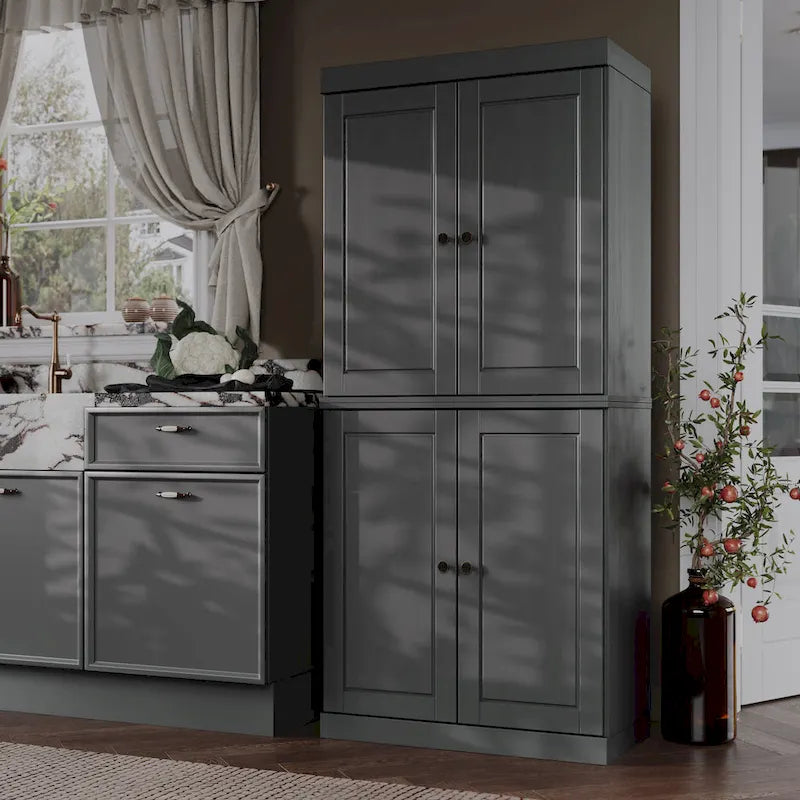 Meuble de garde-manger en bois massif avec portes givrées, vitrées transparentes ou pleines
