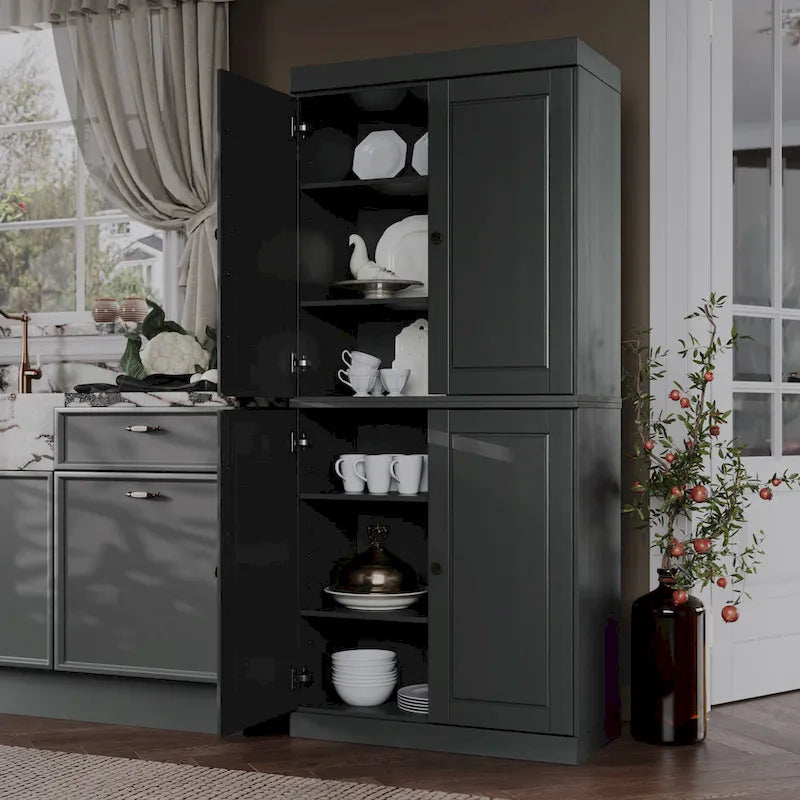 Meuble de garde-manger en bois massif avec portes givrées, vitrées transparentes ou pleines
