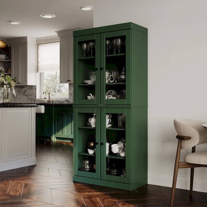 Meuble de garde-manger en bois massif avec portes givrées, vitrées transparentes ou pleines
