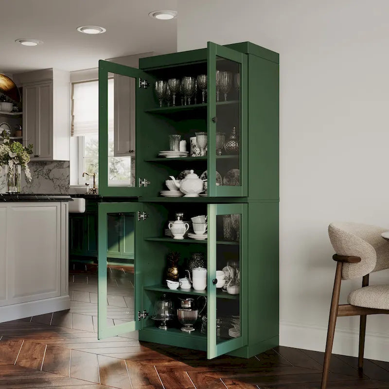 Meuble de garde-manger en bois massif avec portes givrées, vitrées transparentes ou pleines