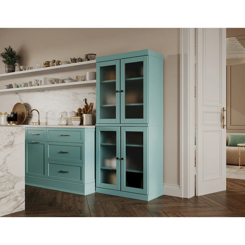 Meuble de garde-manger en bois massif avec portes givrées, vitrées transparentes ou pleines
