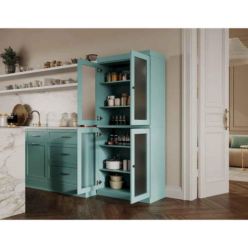 Meuble de garde-manger en bois massif avec portes givrées, vitrées transparentes ou pleines