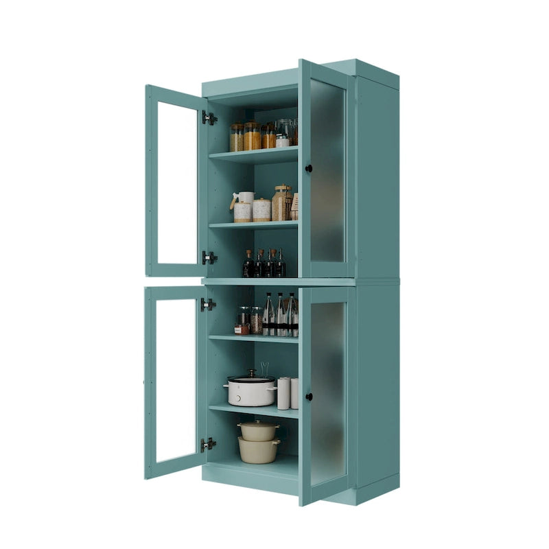 Meuble de garde-manger en bois massif avec portes givrées, vitrées transparentes ou pleines