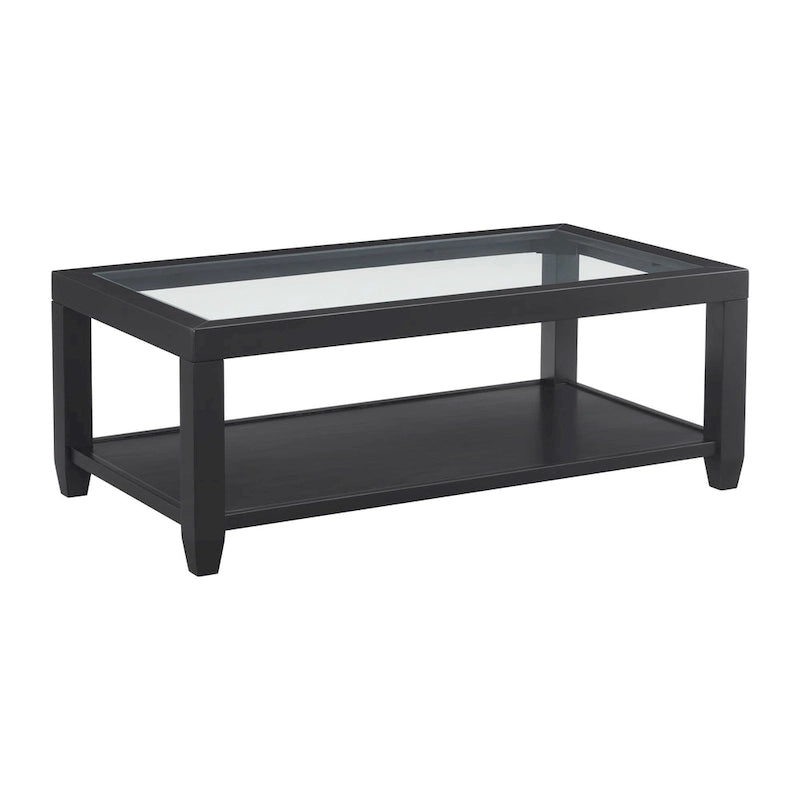 Table basse de 122 cm de large avec plateau en bois et verre et étagère de rangement