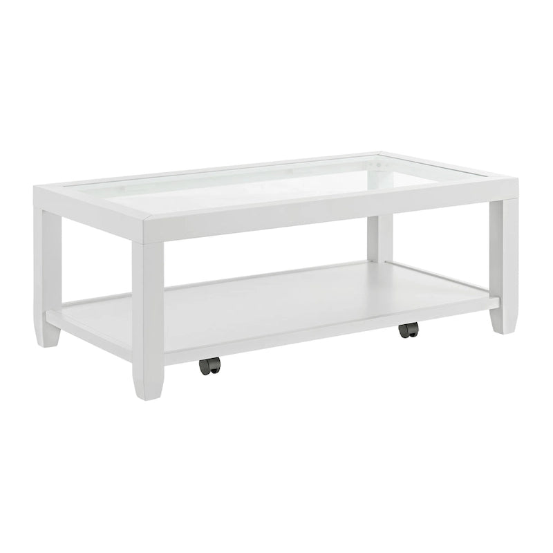 Table basse de 122 cm de large avec plateau en bois et verre et étagère de rangement