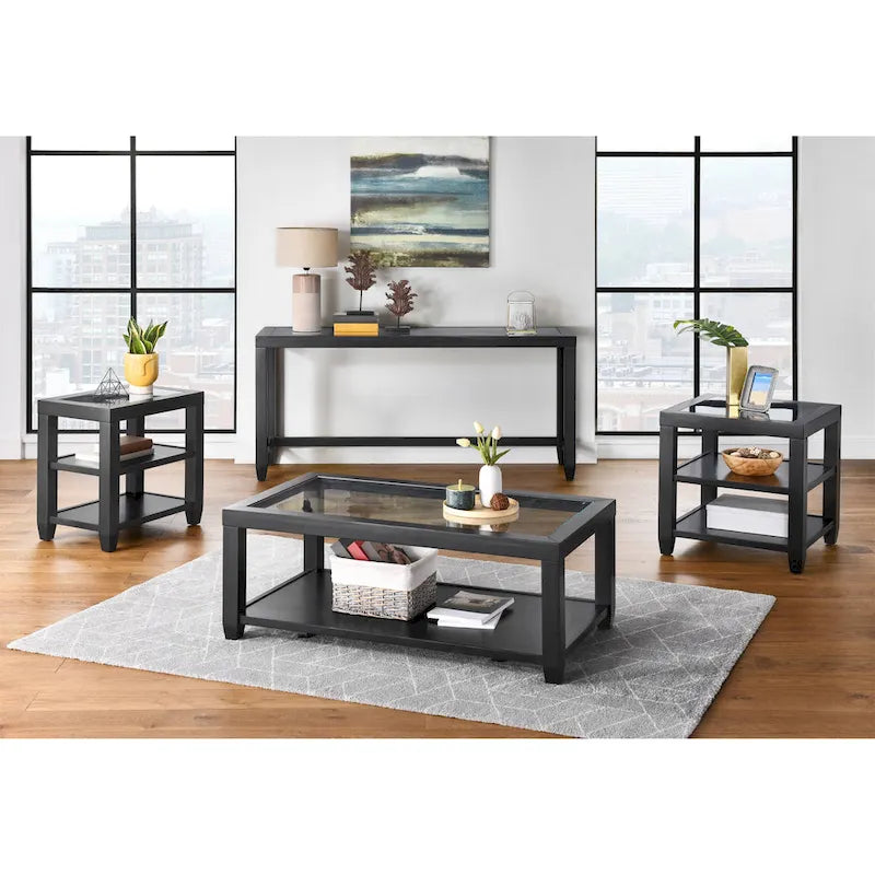 Table basse de 122 cm de large avec plateau en bois et verre et étagère de rangement
