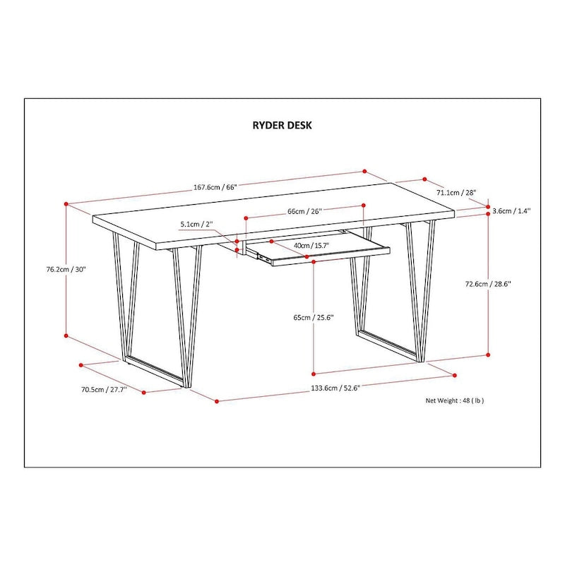 Bureau d'écriture industriel moderne en bois massif de 168 cm de large