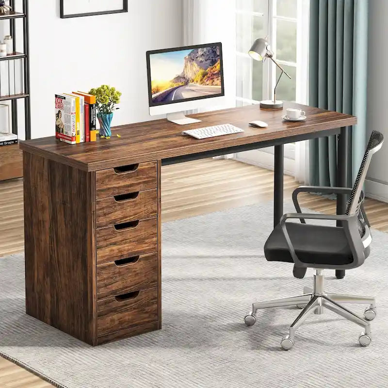 Bureau d'ordinateur de 120 cm avec 5 tiroirs, bureau d'écriture en bois et métal pour bureau salon