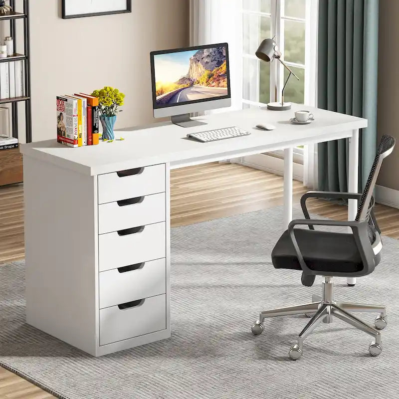 Bureau d'ordinateur de 120 cm avec 5 tiroirs, bureau d'écriture en bois et métal pour bureau salon