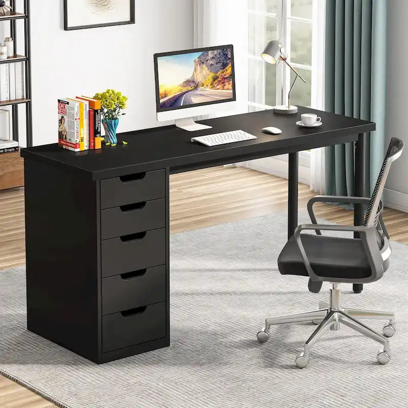 Bureau d'ordinateur de 120 cm avec 5 tiroirs, bureau d'écriture en bois et métal pour bureau salon