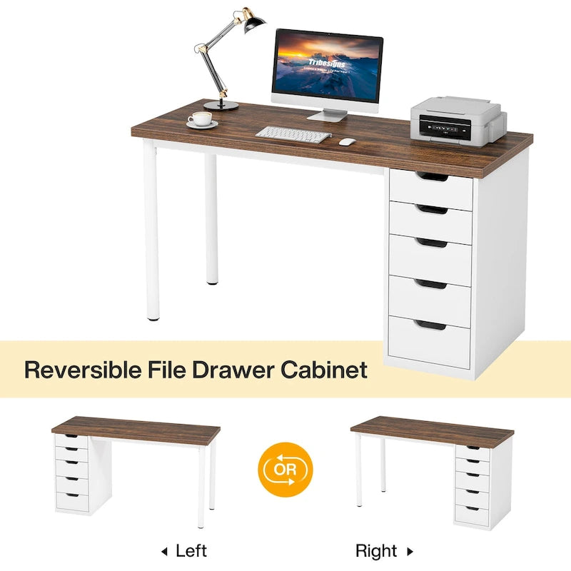 Bureau d'ordinateur de 120 cm avec 5 tiroirs, bureau d'écriture en bois et métal pour bureau salon