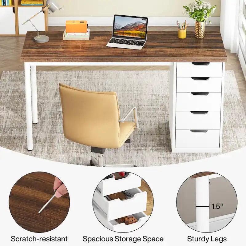 Bureau d'ordinateur de 120 cm avec 5 tiroirs, bureau d'écriture en bois et métal pour bureau salon