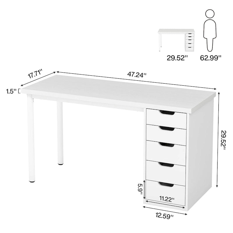 Bureau d'ordinateur de 120 cm avec 5 tiroirs, bureau d'écriture en bois et métal pour bureau salon